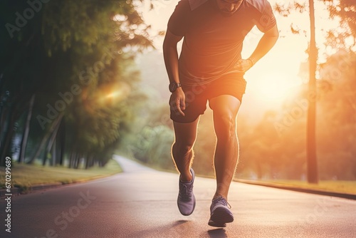 design text space copy effect warm sunlight time morning shot park road running while knee hold hands use man asian concept workout injury accident ache adult ankle asian athlete athletic