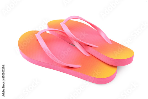 Stylish pink flip flops isolated on white