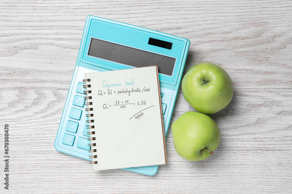 Notebook with calculated glycemic load for apples, calculator and fresh fruits on light wooden table, flat lay - obrazy, fototapety, plakaty 