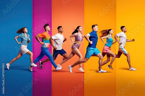 background fferent colorful bright isolated life active progress striving front looking overalls shirt t striped people sporty running collage portrait photo view size body length full action