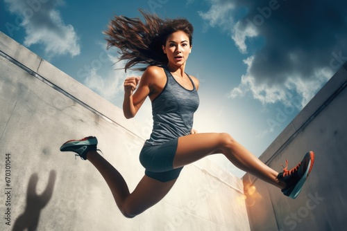 fit young woman jumping running activity athlete body cardio copy exercise exercising female fitness full health healthy horizontal length lifestyle morning muscular 1 outdoors people person photo