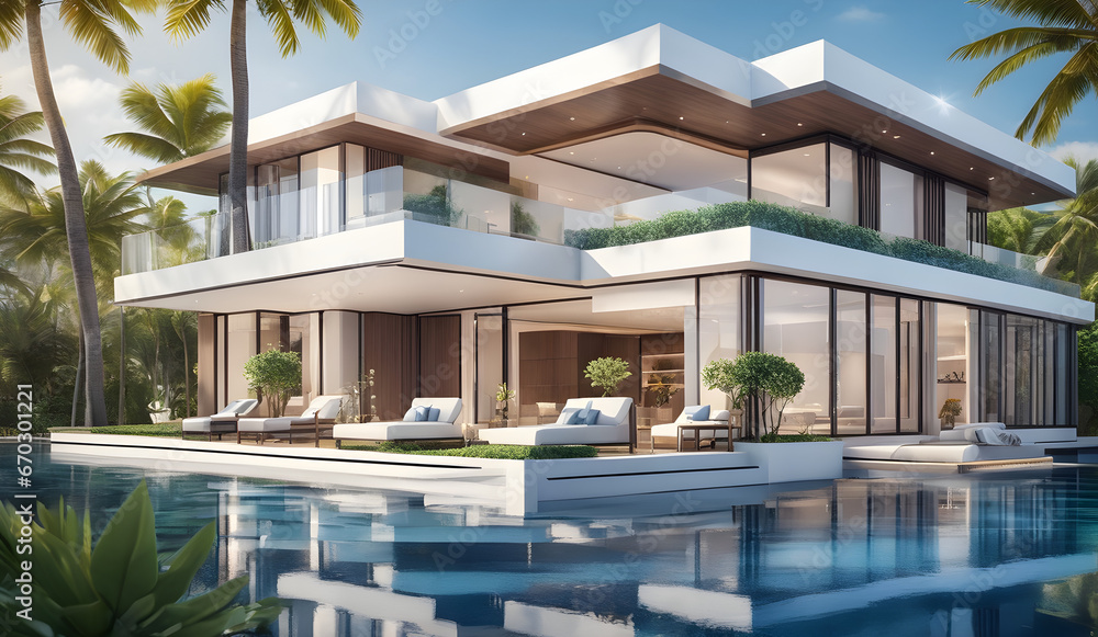 Fototapeta premium Modern luxury mansion with swimming pool, built by the sea, modern real estate, Buildings and Architecture concept, generative ai 