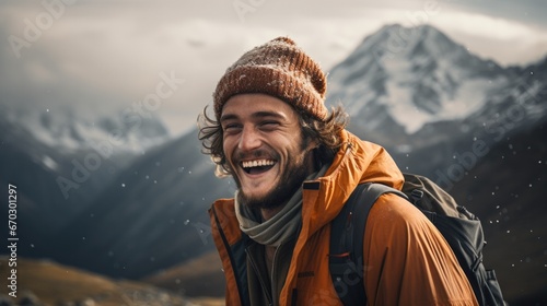 person expressing joy in the middle of mountains generative ai