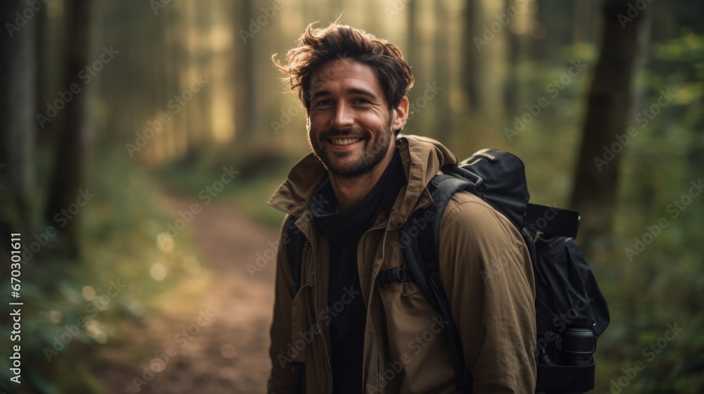 person expressing joy in the middle of the forest generative ai