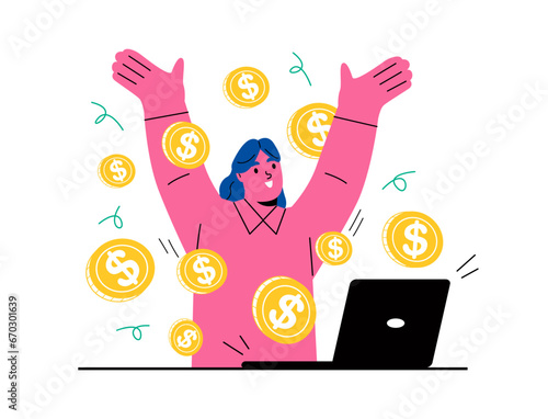 Earn money online. Business woman working online with a computer and coins. Flat vector illustration isolated on white background