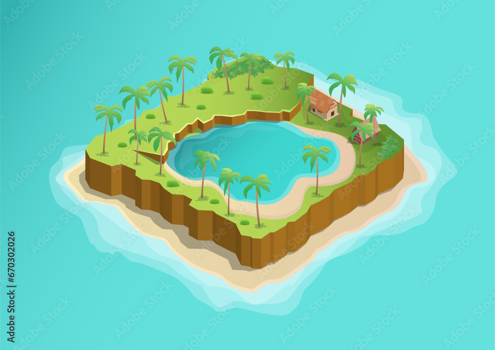 Obraz premium isometric tropical island with beautiful lake