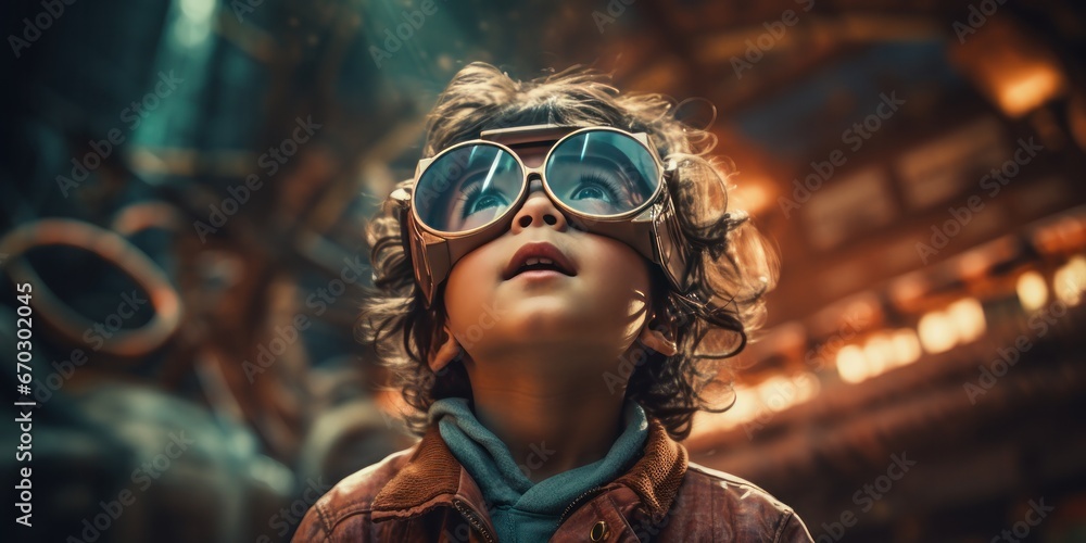 a child looking up with a sense of nostalgia, futuristic retro, generative AI