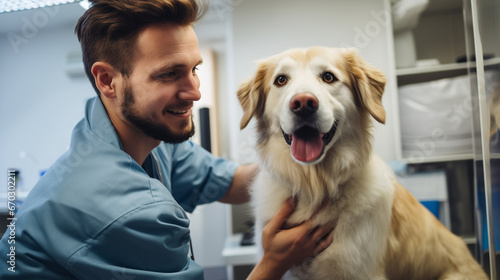 A veterinarian is examining a dog in the examination room of an animal hospital with a gentle gaze - Generative AI photo