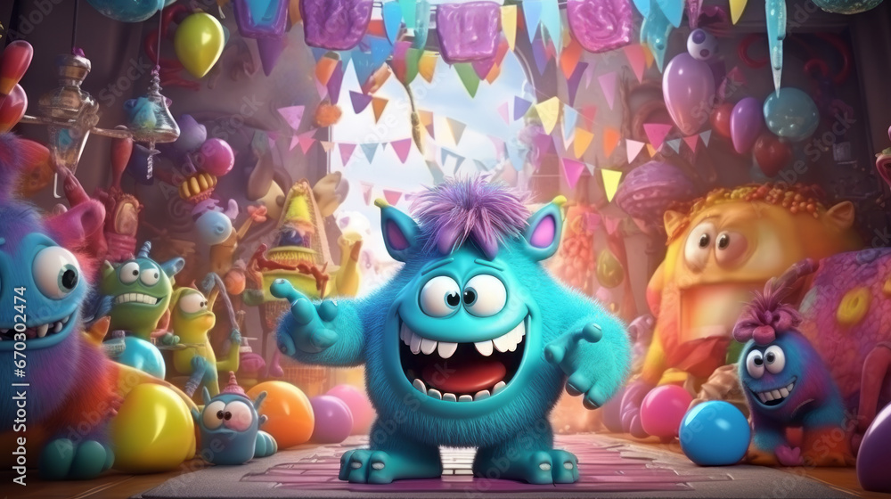 Cute monsters celebrating party Colorful Illustration 3D Cartoon