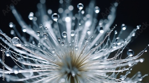 A Diamond Dust Dandelion seedhead frozen in the middle of a water droplet, captured in extreme close-up to reveal its enchanting beauty.