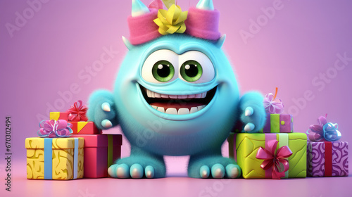 Cute monsters celebrating party Colorful Illustration 3D Cartoon