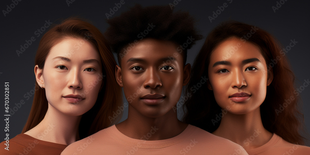 Images featuring Asian and african american. All three are side by side. they are all smiling and happy - Generative AI Images featuring Asian and african american. All three are side by side. they are all smiling and happy - Generative AI