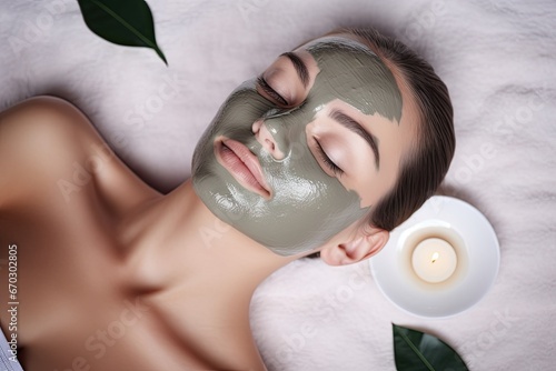 the procedure applying mask clay face beautiful woman spa treatments care beauty salon ageing flower relaxation decollete brush treatment skin orchid acne apply body closeup cosmetic cosmetology photo