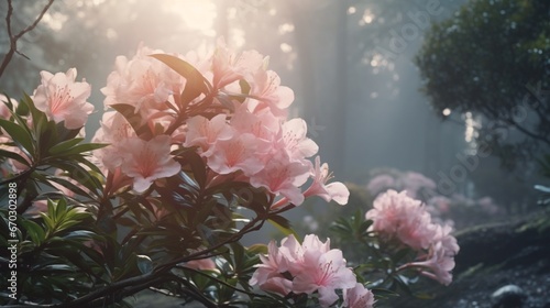 A dramatic view of opalescent oleander in a misty forest, highlighting their mystical and enchanting nature.