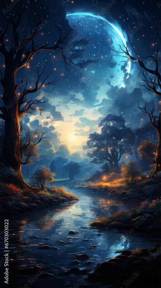 Wallpaper of A Beautiful Night Scene with Crescent Moon and Luminous Stars, Generative AI