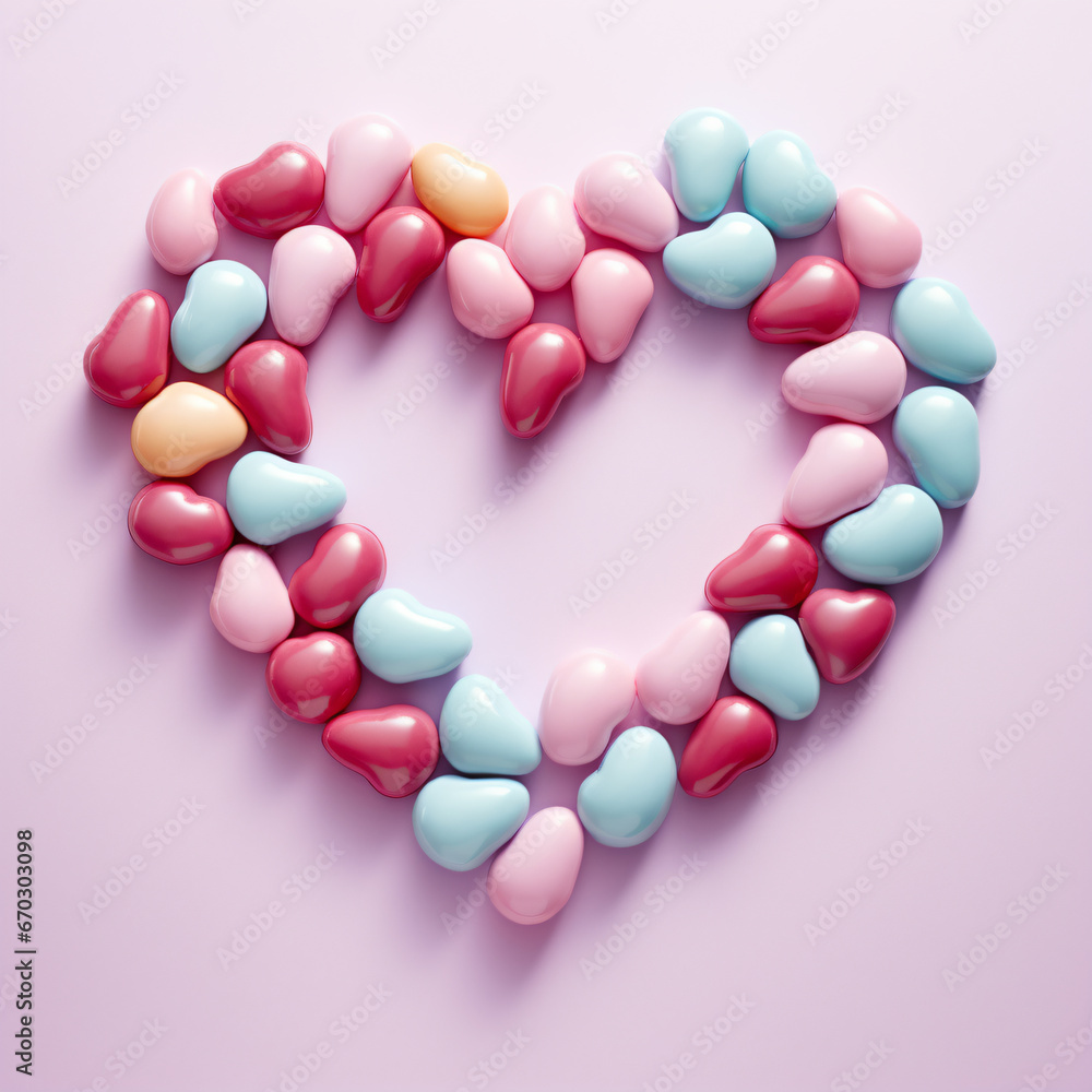 Colorful candies arranged in a heart shape. Heart-shaped candy or chocolate. Proposal background. Valentine's Day or White Day background. - Generative AI Colorful candies arranged in a heart shape. Heart-shaped candy or chocolate. Proposal background. Valentine's Day or White Day background. - Generative AI
