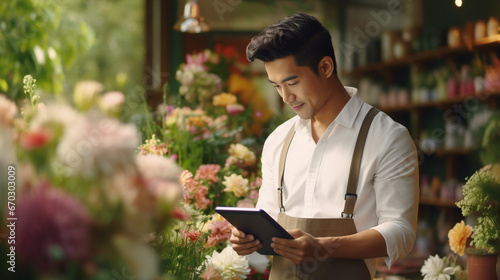 Asian male florist, owner of small business flower shop, using digital tablet while working on laptop against flowers and plants - Generative AI photo