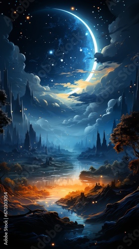 Wallpaper of A Beautiful Night Scene with Crescent Moon and Luminous Stars, Generative AI