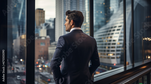 Businessman looking out of window - Generative AI