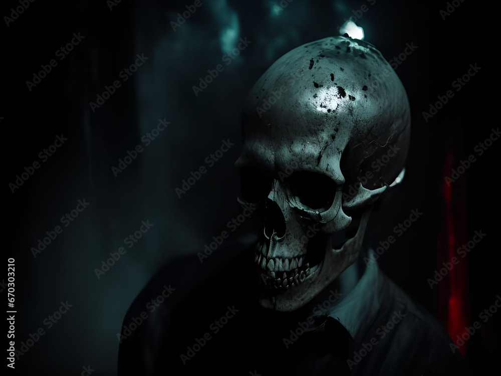 Scary ghost skull on dark background. Generative ai Scary ghost skull on dark background. Generative ai