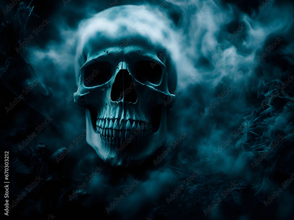Scary ghost skull on dark background. Generative ai - obrazy, fototapety, plakaty 