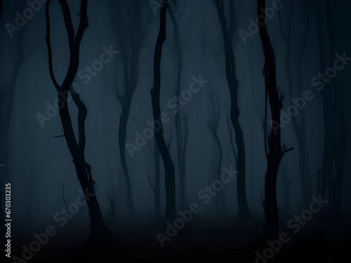 Dark mysterious forest for scary dark background. Generative ai