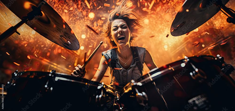 a women playing drums at a gig with blurring lights - obrazy, fototapety, plakaty 