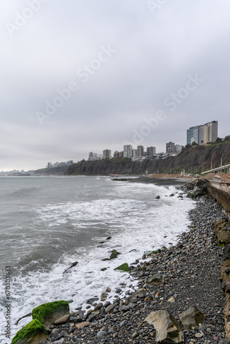 Beautiful Pacific Ocean waves crashing on the coast in Miraflores district. 