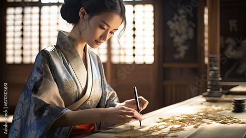Beautiful Japanese girl sitting writing calligraphy or painting photo