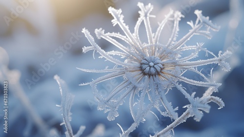 A Dreamcatcher Daisy covered in morning frost, with fine ice crystals delicately tracing its contours, captured in © Anmol