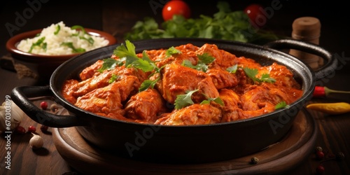spicy kerala red chicken curry. chicken vindaloo. Butter chicken curry roast hot and spicy gravy dish, generative AI