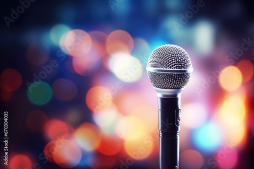 concept showbiz hall concert background bokeh light colorful stand setting microphone close stage audience audio auditorium band blue broadcast ceremony closeup
