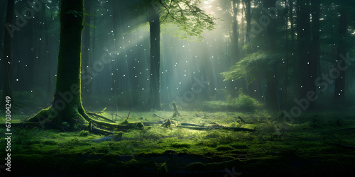 Fantasy Forest with Glowing Tree Canopy,,, Sunlit Magical Trees in Fairytale Woods