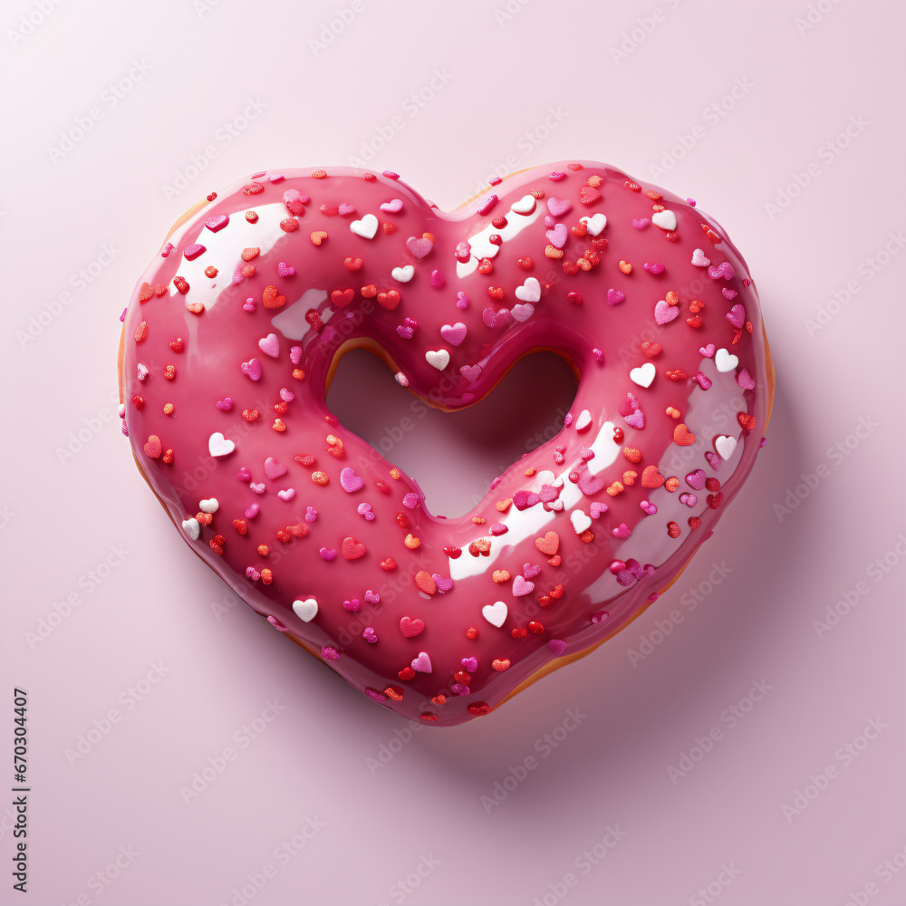 Donuts in shape of a heart product shot. Pink heart-shaped donuts with heart-shaped decorations. Flat lay style. - Generative AI