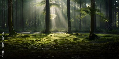 Tranquil Forest with Golden Sunlight,, Serene Nature in Green Woods