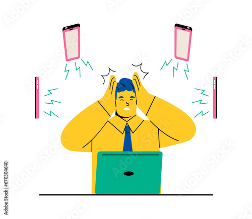 Stressed business man frustrated by phones. Lots of notifications in smartphones. Business communication by phone. Flat vector illustration isolated on white background
