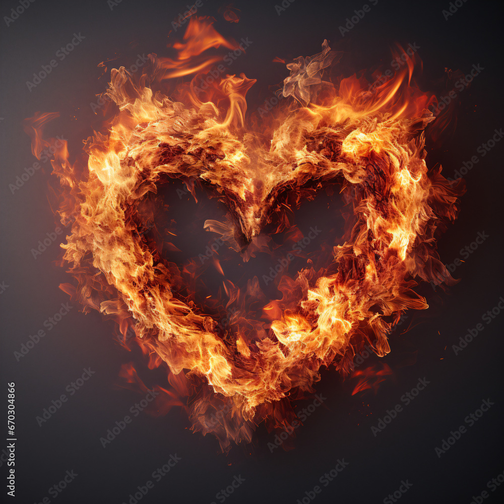 Fototapeta premium fire in shape of a heart shot. Burning heart shape. A heart shape on fire. - Generative AI