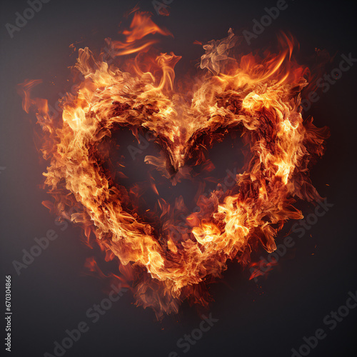 fire in shape of a heart shot. Burning heart shape. A heart shape on fire. - Generative AI