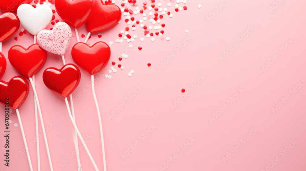 Heart shaped lollipops with red confetti and hearts. Red hearts. Candy love concept. Valentine's Day - Generative AI
