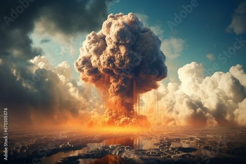 explosive devastation, towering cloud, digitally rendered. Generative AI