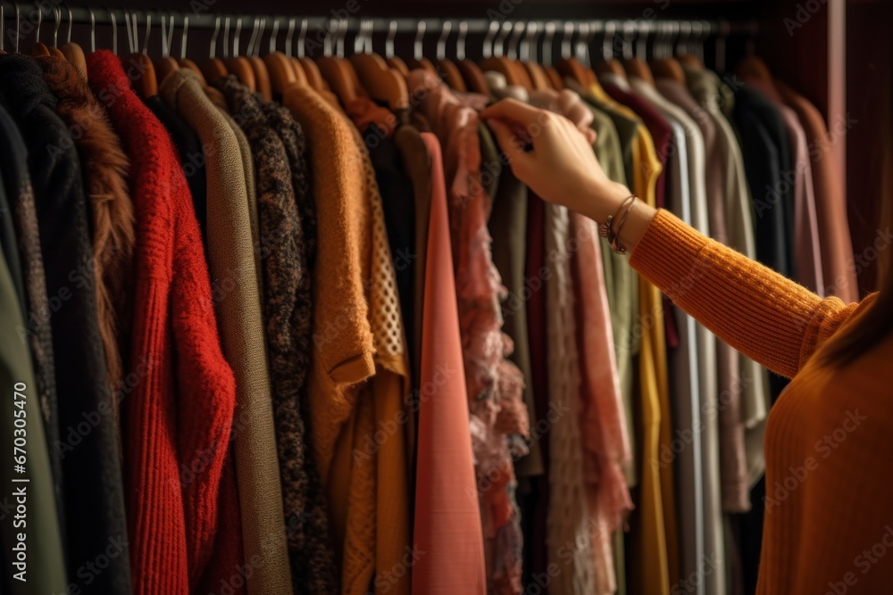 Closeup unrecognizable woman picking clothes from wardrobe, choosing what to wear