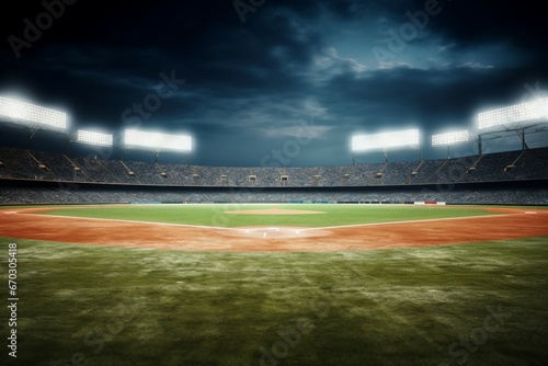 Space Copy Stadium Outdoor Field Baseball sport plate mound softball crowd fan spotlight illuminated game match arena grass dirt clay competition background turf league no people bright photo