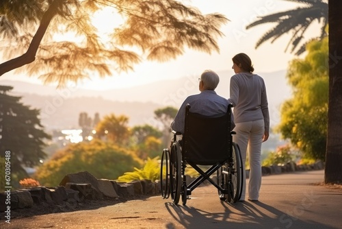 Rear view of elderly man in wheelchair and care helper photo