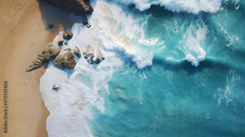 An exhilarating high-speed shutter capture of the edge of a remote beach destination from a bird's-eye view, focusing on the intricate patterns of the coastline, crashing waves, and sandy shores. © Kuo