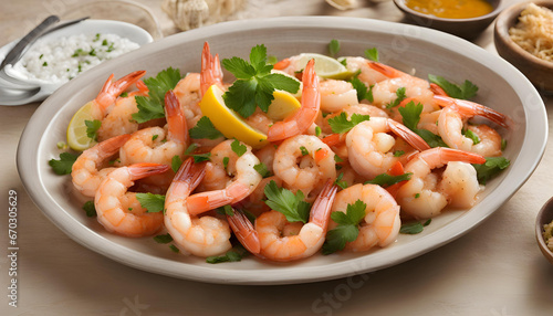 Fresh shrimp dish decorated with coriander leaves and lemon.