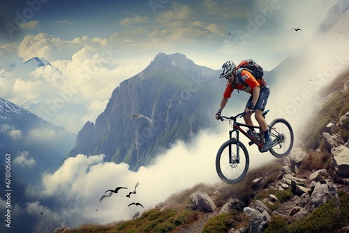 mountains Cyclist bicyclist panorama bike mountain sport bicycle cycle extreme stone epic man rock top road fog adventure rider view eagle succeed helmet summer explore landscaped equipment wheel ef © akkash jpg