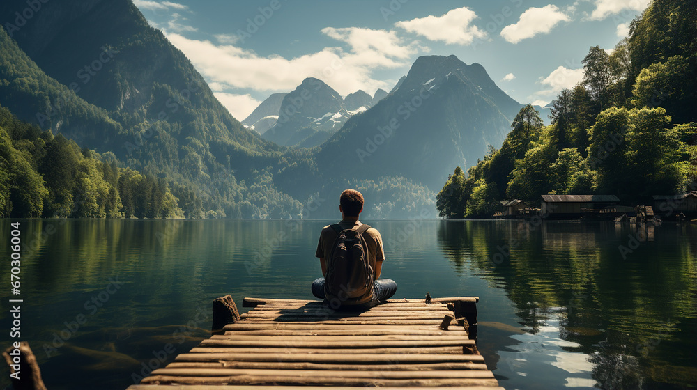 The back view of a man sitting on a wooden dock, enjoying the view of a serene blue lake. - Generative AI The back view of a man sitting on a wooden dock, enjoying the view of a serene blue lake. - Generative AI
