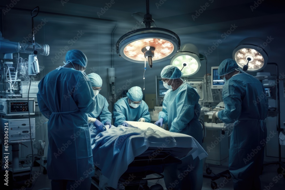 room operating modern operation surgical performing team medical blue health care lamp nurse worked patient remedy save surgeon surgery anaesthesia cardiogram career confident disease - obrazy, fototapety, plakaty 