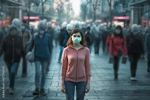 street crowded stands face mask medical woman young the blur care city crowd danger disease epidemic face filter flow flu health disease infection mask medicals people prevention problem