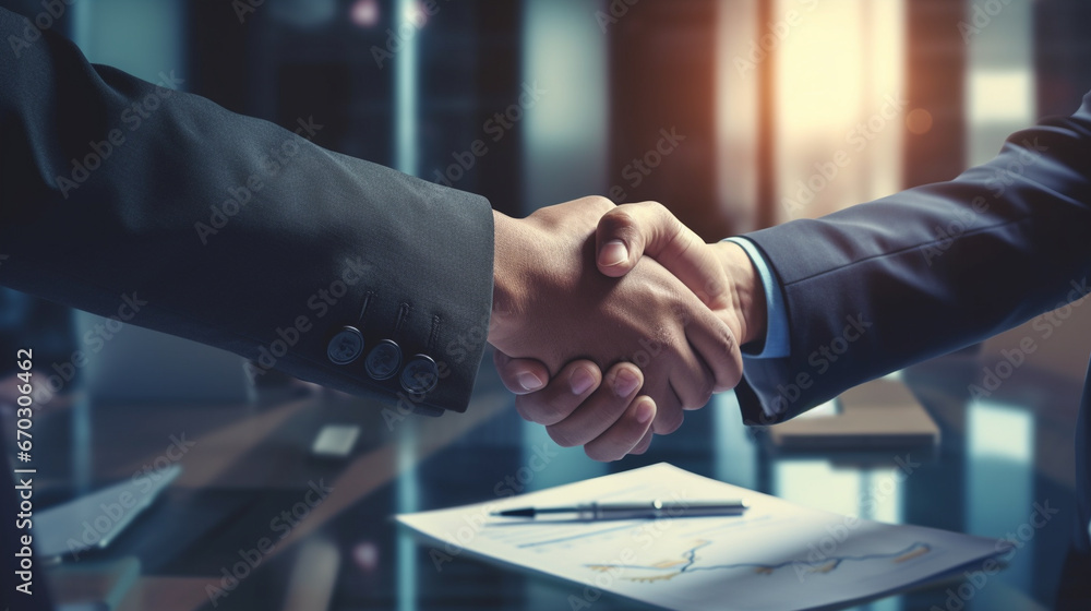 Sealing a deal, Two Business people shaking hands after Welcoming partners finishing up  - Generative AI - obrazy, fototapety, plakaty 